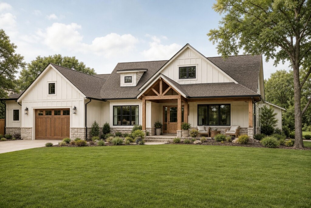 A calm, tidy, well-kept exterior of the kind of property a hvac business serves -- shown wide and eye-level, the whole property with its yard or entrance visible, not a close-up detail, no people